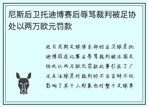 尼斯后卫托迪博赛后辱骂裁判被足协处以两万欧元罚款 尼斯后卫托迪博赛后辱骂裁判被足协处以两万欧元罚款